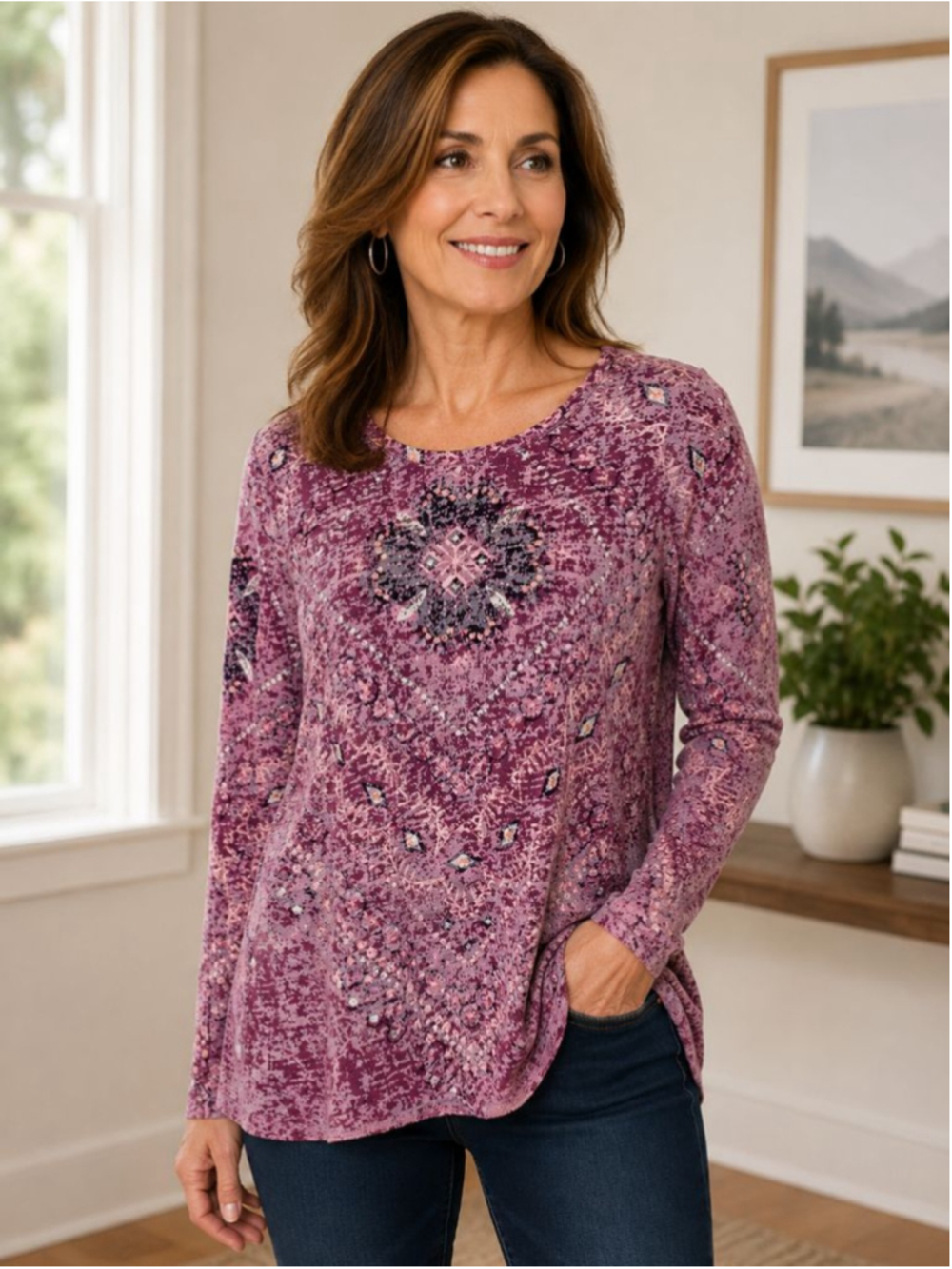 North River Purple Pink Patterned Long Sleeve Tee Women’s Size L